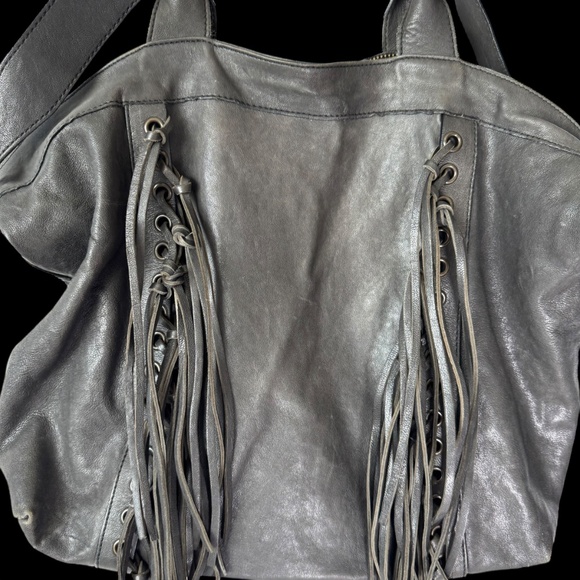 Johnny Was‎ Large Ariana Deep Graphite Grey Italian Goat Leather Fringed Tote - Picture 4 of 11